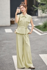 小香风套装女2025夏日新款韩系高级松弛感休闲无袖衬衫阔腿裤穿搭，女装套装/套裙，伊仟回