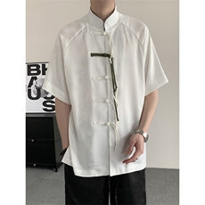 夏季新中式风竹叶冰丝手工盘扣大码男女中性短袖唐装上衣衬衫，男装T恤，星座909