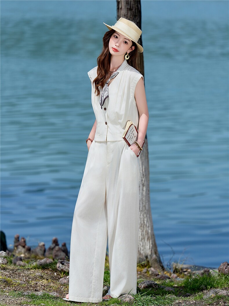 2026年夏季新款收腰棉麻阔腿裤两件套女,女装套装/套裙,E百度