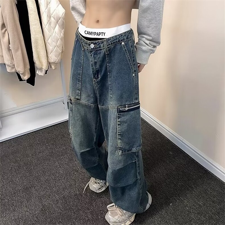 工装牛仔裤男韩版潮流高街大口袋个性2024冬季ins长裤RK1324-P53,男装牛仔裤,星座412-2