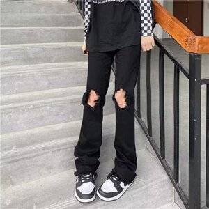 美式高街黑色破洞牛仔裤男直筒潮牌微喇叭设计感痞帅Z723 P37图片