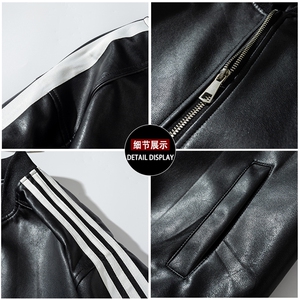 现货 三条杠袖子PU皮棒球服外套秋冬棉服图片