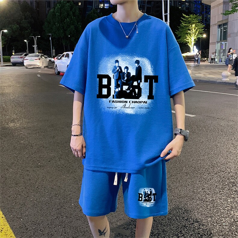 ！2023夏季新款男士百搭华夫格套装潮流学生一套HTZ31P50,男装T恤,电商B220