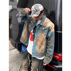 美式废土风扎染牛仔外套男欧美街头小众水洗做旧宽松短款工装夹克，男装工装外套，星座516A