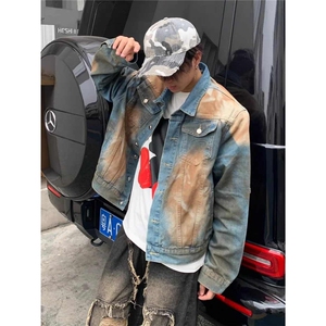 美式废土风扎染牛仔外套男欧美街头小众水洗做旧宽松短款工装夹克图片