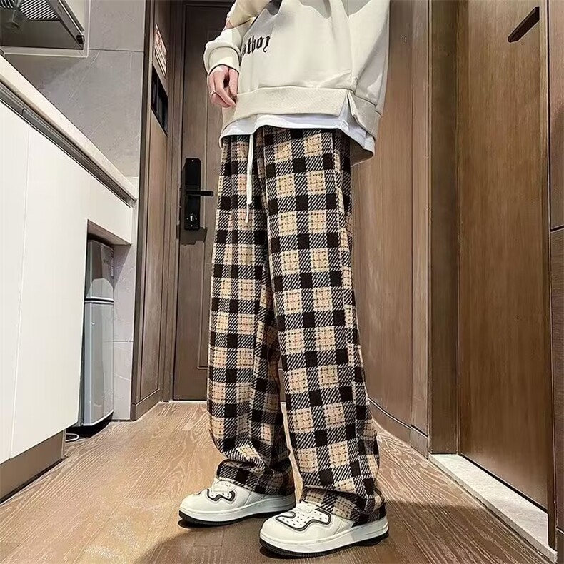 美式复古法格子裤男春秋潮牌绿色小香风裤子直筒休闲长裤,男装休闲裤,星座1013