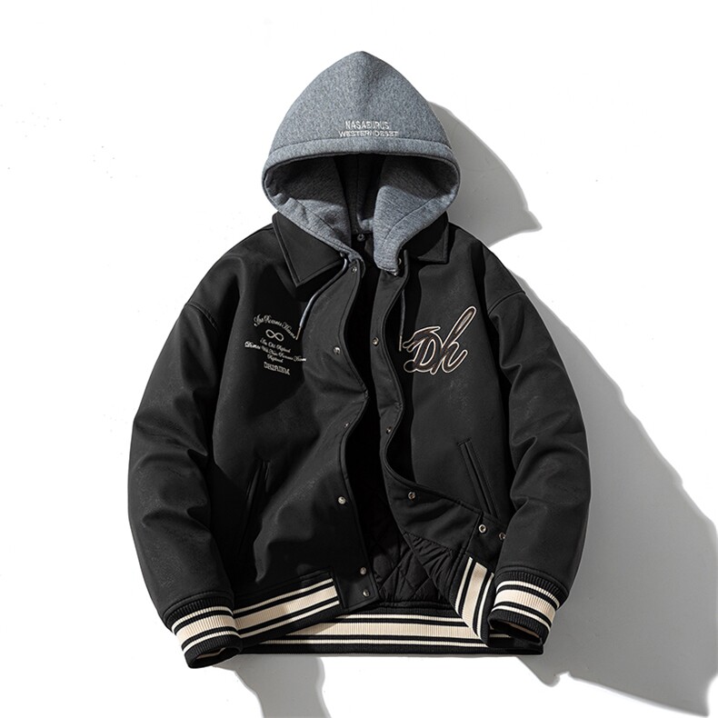 现货三色字母PU皮棒球服外套秋冬棉服带帽可拆卸,男装棉衣,电商A105