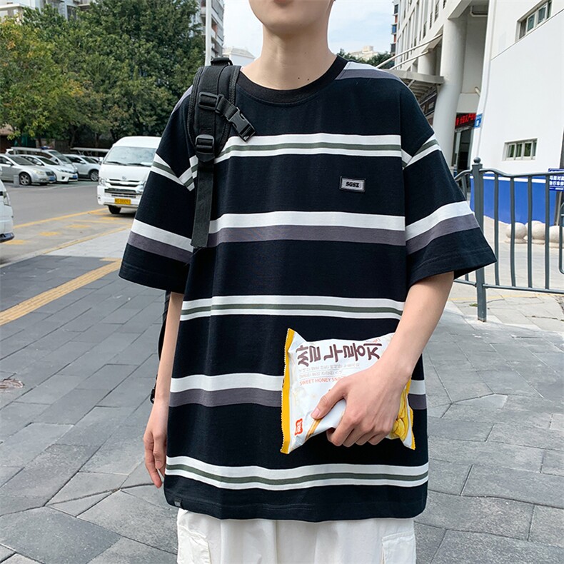 男女休闲潮牌短袖纯棉夏装新款撞色条纹T恤情侣装T040-P22,男装T恤,星座512-2