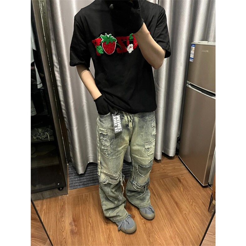 网图有货夏季美式高街草莓印花纯棉情侣短袖宽松t恤男女A464-P25,男装T恤,星座1505