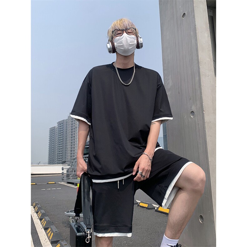 日系冰丝休闲运动套装男夏季薄款短袖t恤短裤学生时尚两件套衣服,男装休闲套装,电商A007