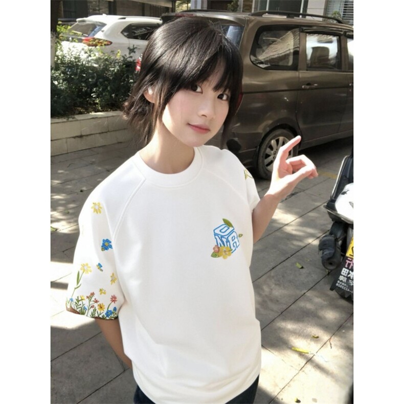 H0691-P35全刺绣索罗娜领口+包边拉肩短袖T恤女,女装T恤,星座617A-2