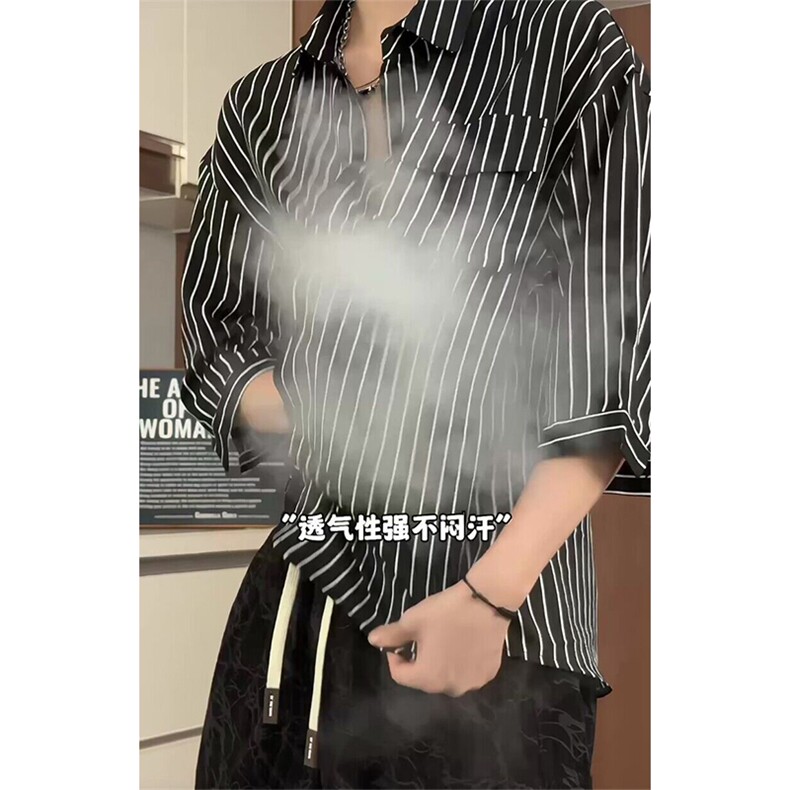 条纹冰丝中袖衬衫套装男款夏季垂感高级感痞帅衬衣工装短裤两件套,男装衬衫,电商A141