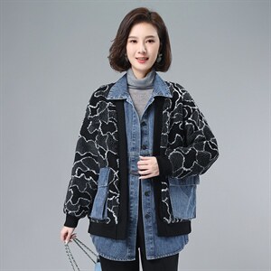 2021年冬季通勤宽松加绒长袖文艺拼接牛仔颗粒绒外套,女装卫衣/绒衫,叶笙衣