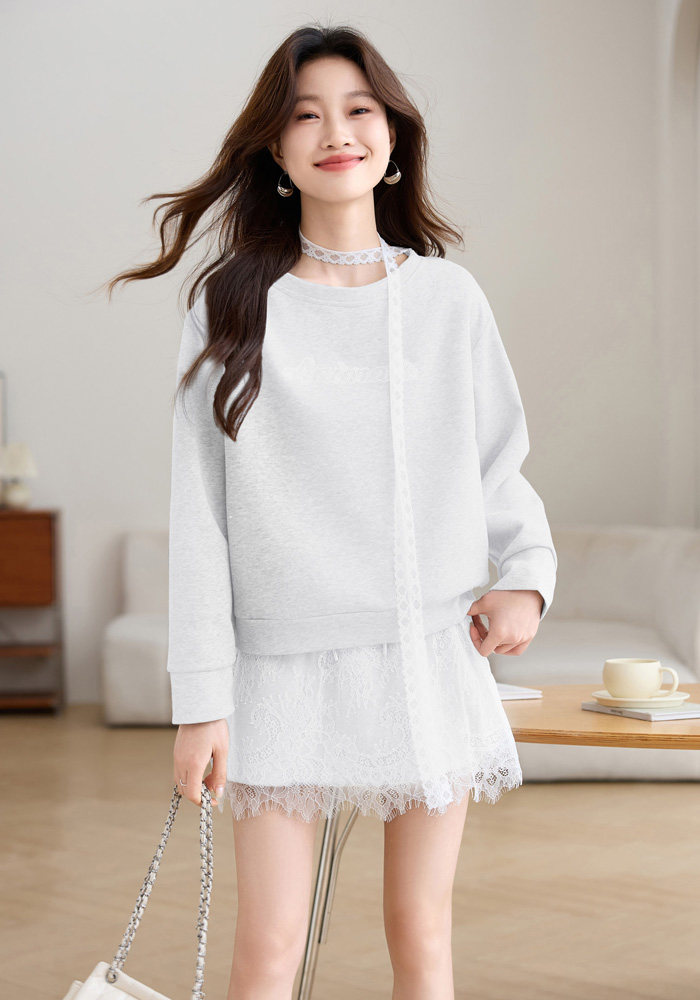 蕾丝拼接灰色卫衣休闲运动套装裙女2025春新款绝美独特设计两件套,女装套装/套裙,江南富贵女