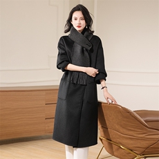 2025百搭时尚圆领两面穿宽松大衣戴围巾，女装毛呢外套，贝源羊绒