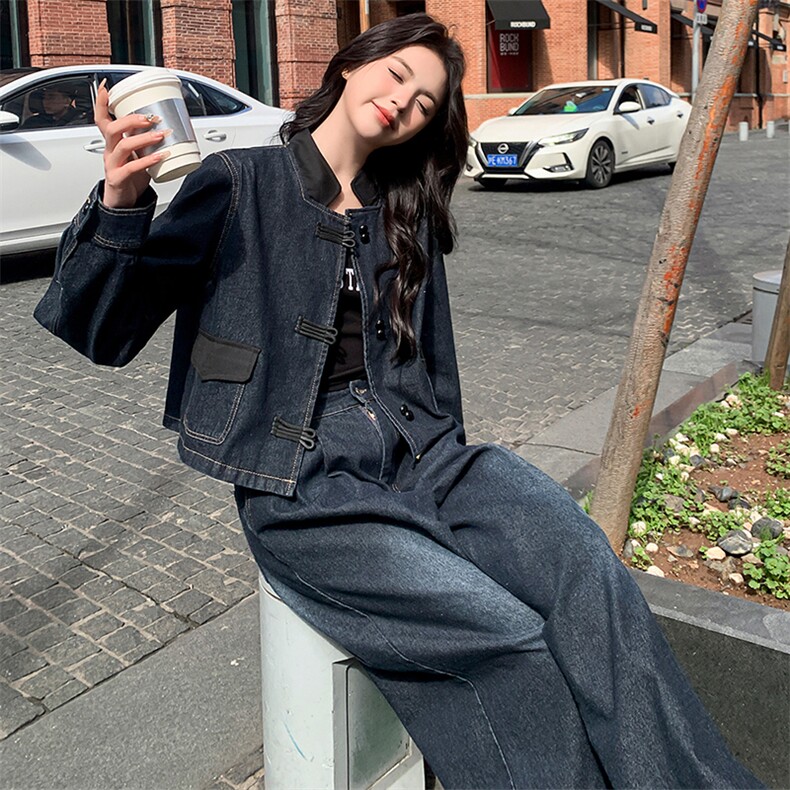 港风复古盘扣蓝色牛仔上衣阔腿裤套装女秋2025新款又a又飒两件套,女装套装/套裙,浙宝305