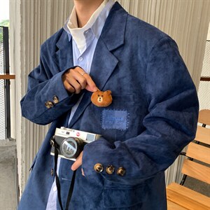 【2025秋冬】新款麂皮绒西服男小熊西装宽松韩版慵懒学院风外套，男装西服套装，星座112A
