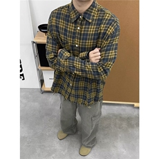 [006]休闲格子长袖衬衫男宽松百搭氛围感毛边上衣A079-C3054-P35，男装衬衫，电商A079