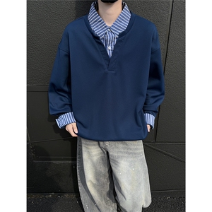 黑墙假两件拼接翻领大码卫衣男秋季潮牌宽松情侣 A436-2231-P50图片