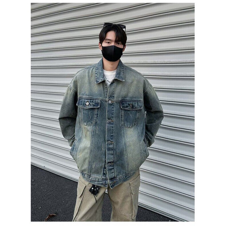 2025新款美式高街水洗做旧牛仔外套男春秋季潮牌复古痞帅宽松,男装工装外套,星座506A