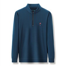 2023新款中年长袖T恤男春秋季纯色刺绣立领休闲宽松POLO衫上衣服，男装T恤，电商B212（原钱塘6029）