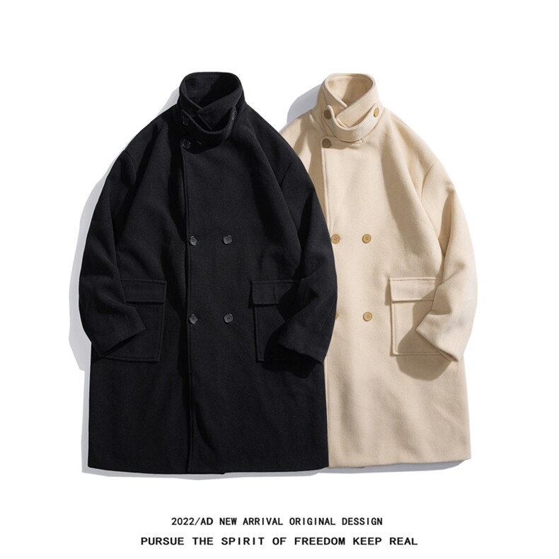 N6150/P115秋冬白底平铺双排扣长款过膝呢大衣男风衣毛呢料子外套，男装风衣，电商A141