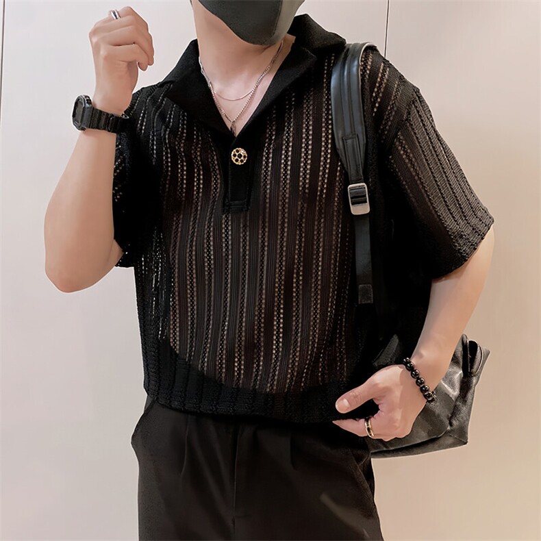 8951/P48控68夏季小伙痞帅镂空薄款V领透气t恤短袖男款上衣黑首3图片