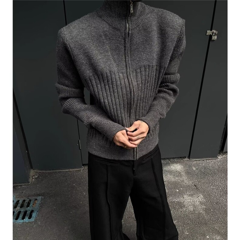 深灰色高领毛衣开衫男款秋季慵懒高级感针织衫美式双拉链正肩外套,男装针织衫/毛衣,星座513A