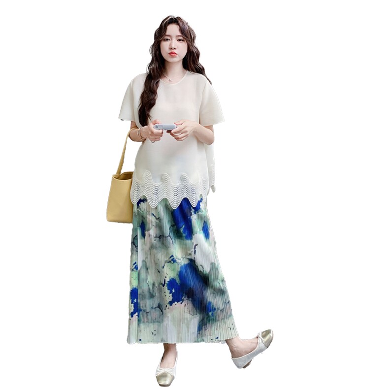 韩版御姐风减龄气质蕾丝T恤晕染半身裙套装两件套女夏季2025新款,女装连衣裙,2D008