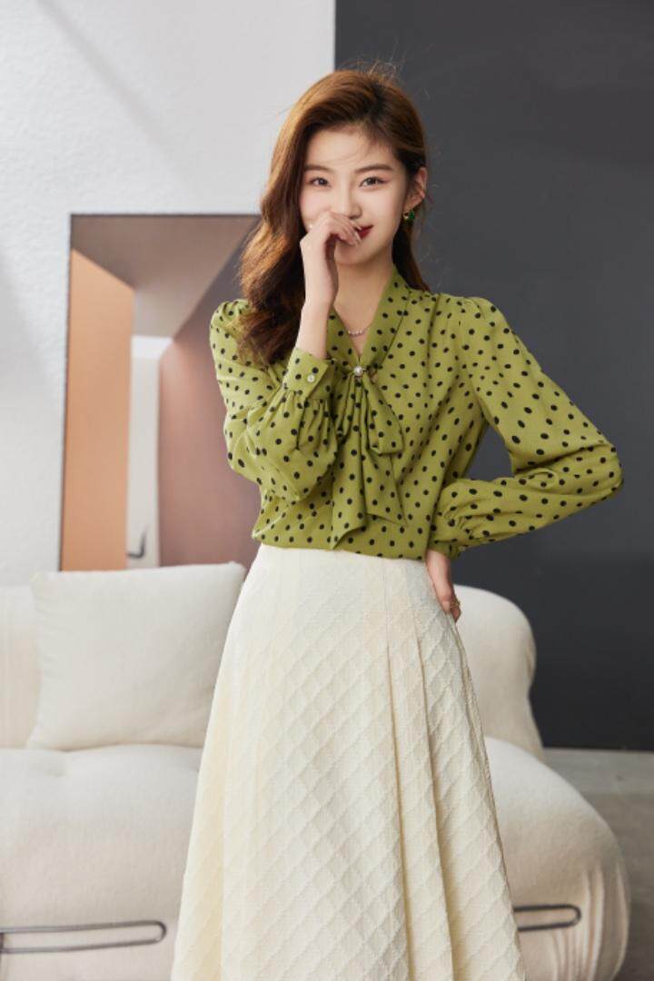 现货波点飘带衬衫M—XXL，女装衬衫，束索