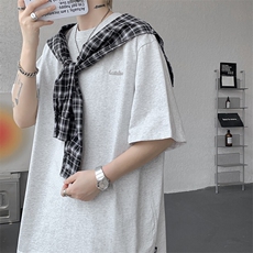 8XL-M潮情侣美式拼接打结格子假两件短袖宽松纯棉T恤男DX338，男装T恤，电商D206-1