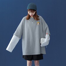 ！2023春季宽松动漫印花潮流情侣假两件长袖T恤T151P35控48，男装T恤，A247A