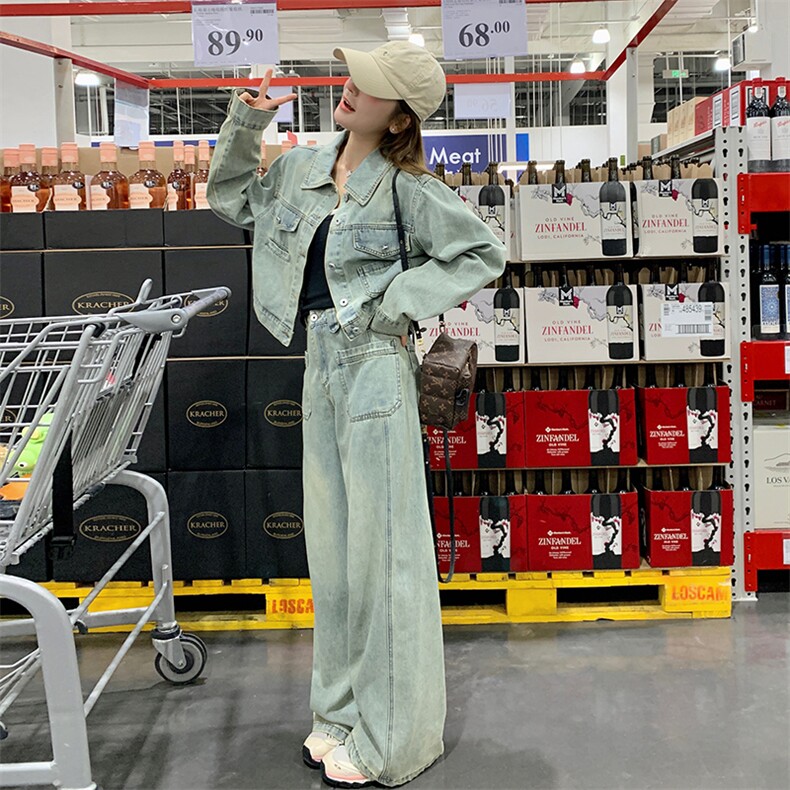 （新款现货）2026春装时尚休闲宽松牛仔外套阔腿裤套装（两件套），女装套装/套裙，印象茜