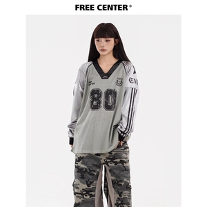 美式复古长袖T恤男女宽松拼接字母印花网眼透气衣服TPA06-P52,小学生14岁衣服穿搭图片