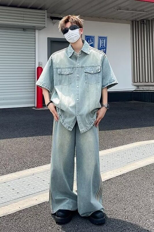 2024美式复古水洗三条杠牛仔外套短袖设计感牛仔套装TZ20-P98,男装休闲套装,星座313A-2