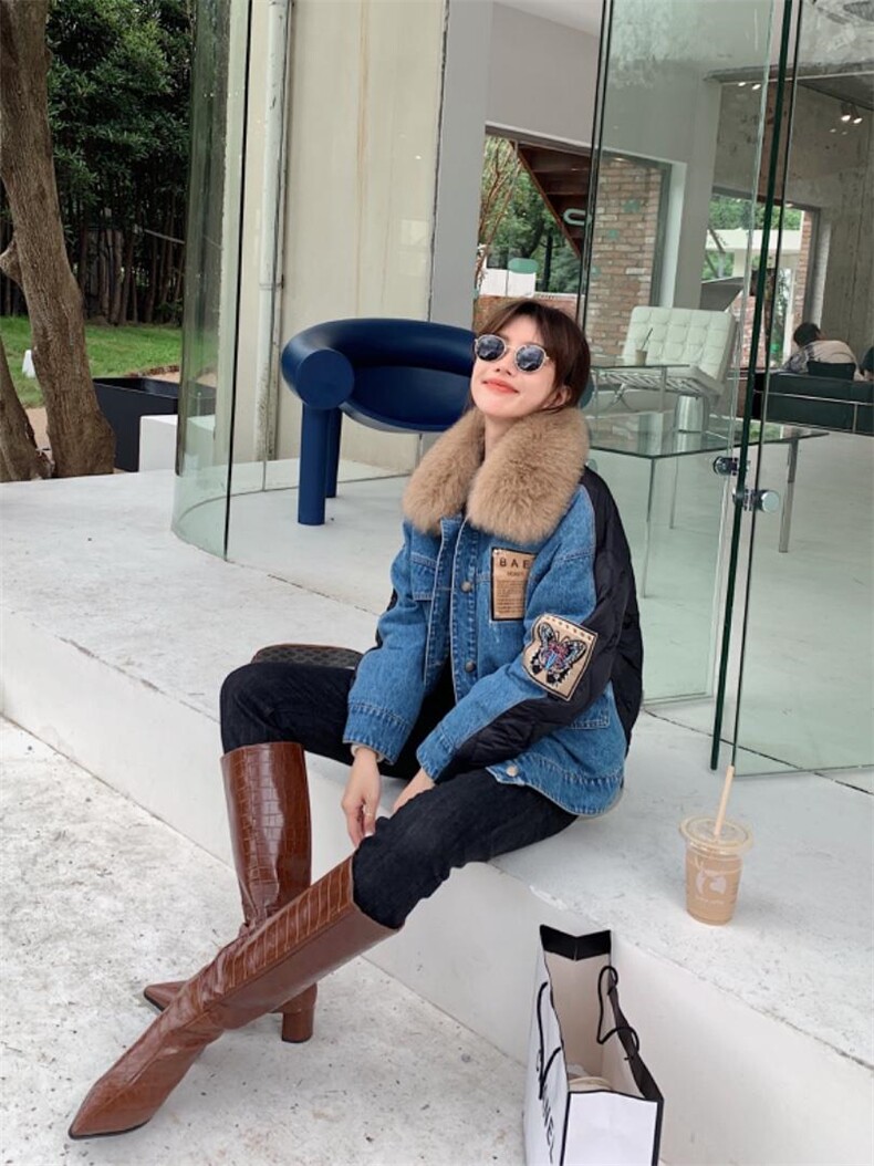 贴标牛仔羽绒外套狐狸毛领，其它，转角爱尚