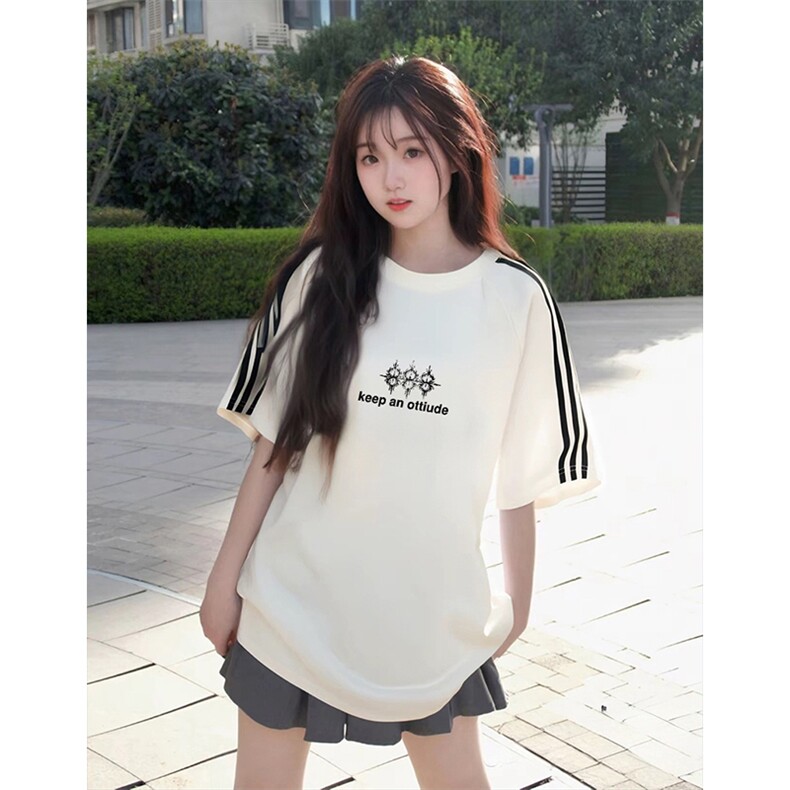 抖音得物高品质二开240克宽松纯棉美式潮牌三条杠织带短袖T恤，男装T恤，电商A486-1