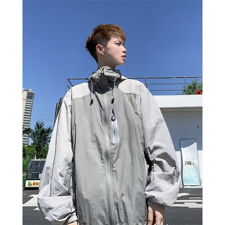 2024年夏季夏季港风日系复古户外拼接款连帽防晒衣男女FS122-P50，男装防晒衣，星座313A(原308A-2)