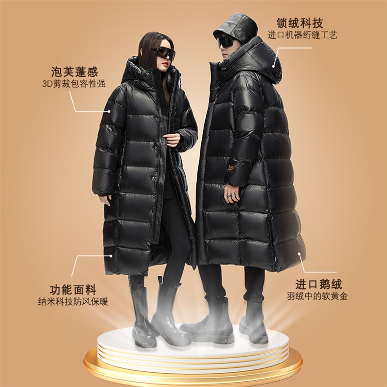 主推黑金情侣装长款鹅绒服男女青年学生加厚422克羽绒服大衣，男装羽绒服，钱塘723