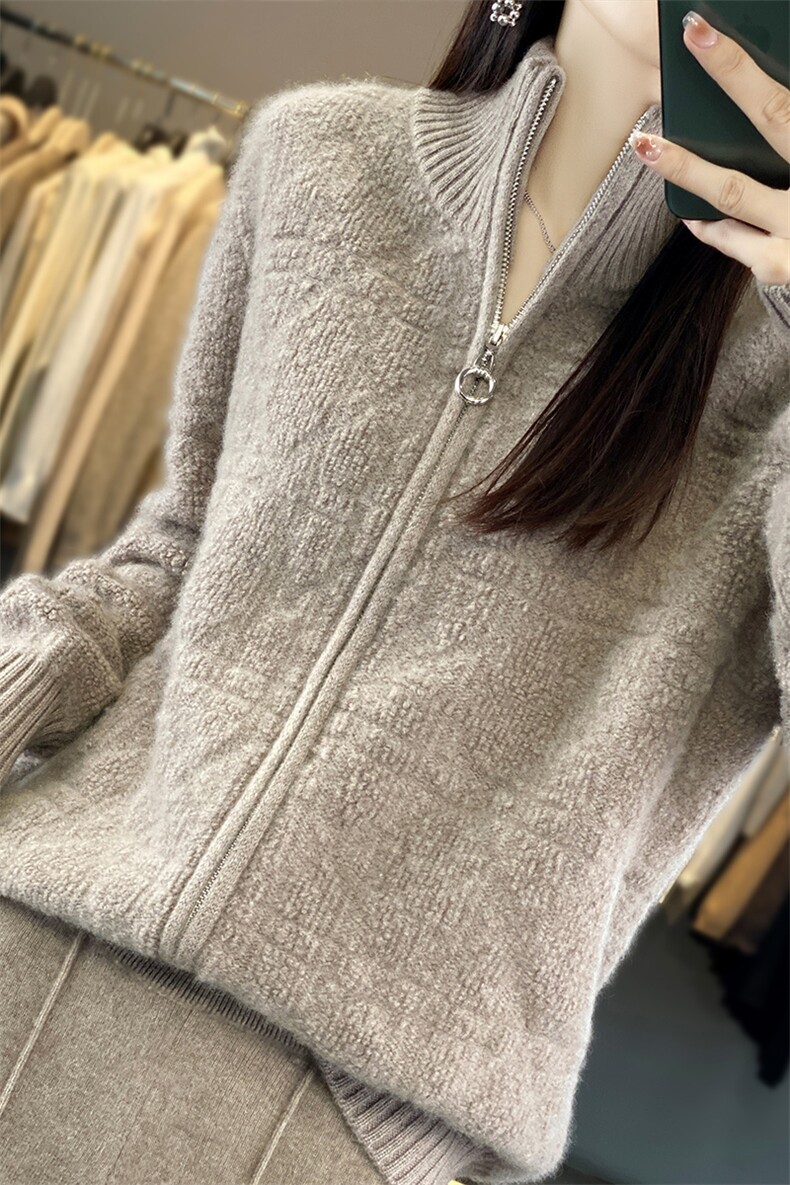 鹿邦蓝秋冬新款纯山羊绒开衫女加厚半高领拉链毛衣外套针织衫,女装羊毛衫,美雪羊绒