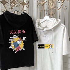 LD54012-P45连帽短袖t恤男大码胖子带帽五分袖中袖，男装T恤，电商A040