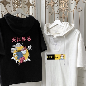 LD54012-P45 连帽短袖t恤男大码胖子带帽五分袖中袖图片