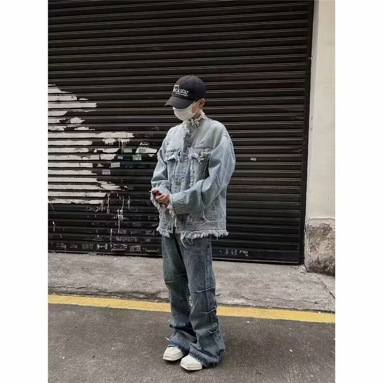 水洗做旧流苏毛边牛仔夹克男女复古潮牌情侣外套上衣GG8896P84,男装工装外套,星座1013-5