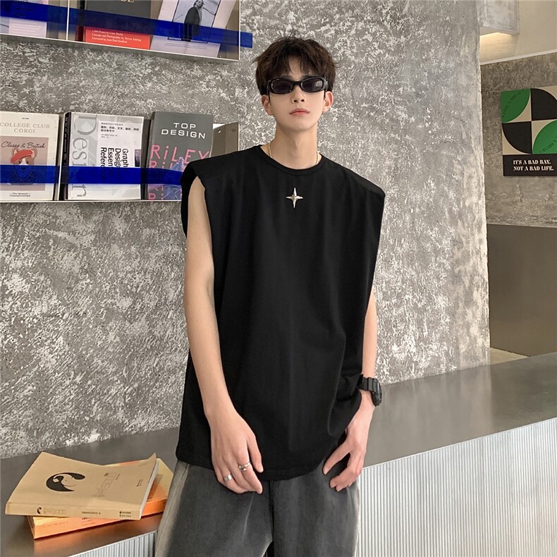 1美式垫肩背心男大码四角星无袖短袖T恤男BX8764P25控39，男装背心/马甲，星座226-2