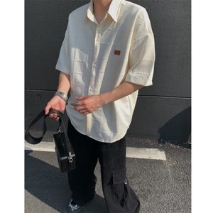 2026夏短袖格子衬衫大码男纹理提花衬衣薄外套 CS580/特P35 杏色3图片