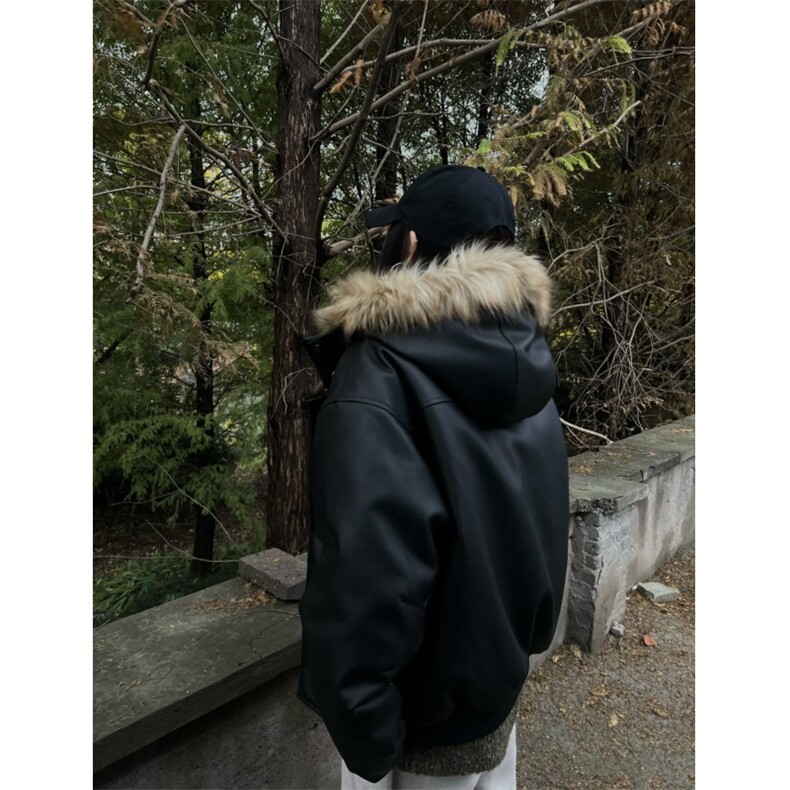 冬季复古百搭保暖帽子可拆卸毛领重磅PU皮衣棉衣厚外套LF997P135,男装皮衣,电商D256-1(原A064-1)