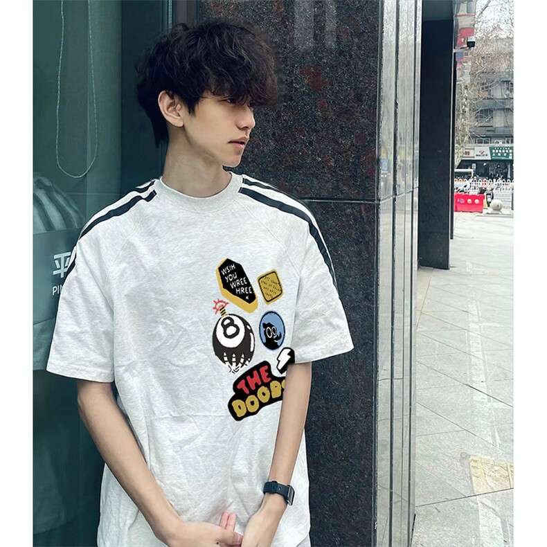 抖音得物品质二开240克宽松纯棉美式潮牌印花三条杠中性风短袖T恤，男装T恤，电商A486