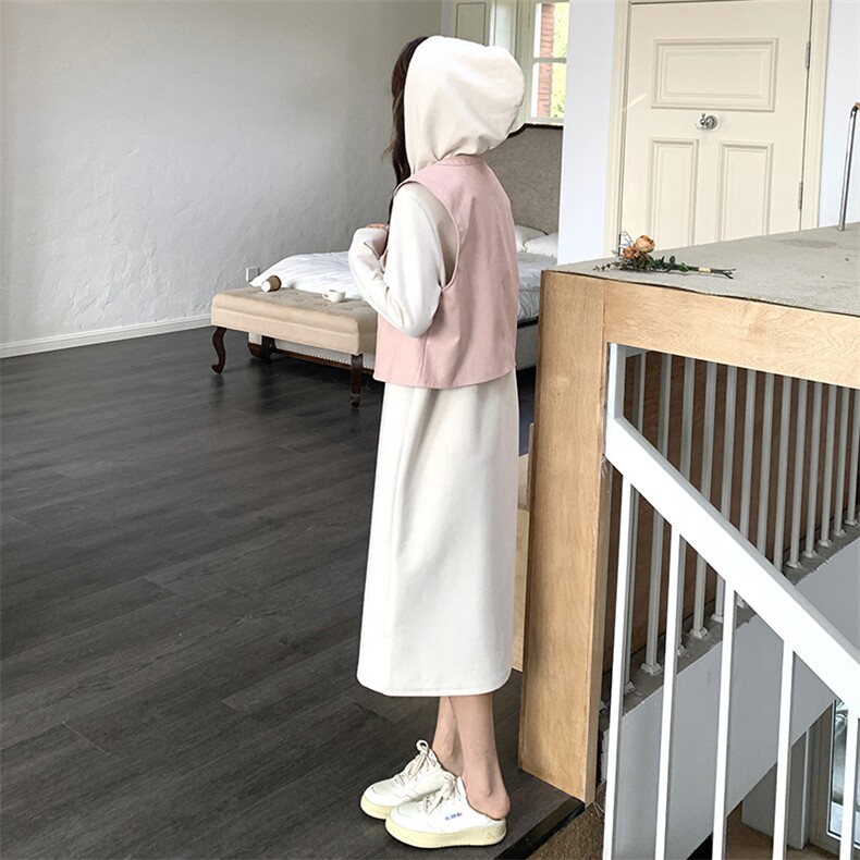 法式高级感穿搭连帽卫衣裙两件套女2025春季新款皮马甲连衣裙套装,女装套装/套裙,浙宝203