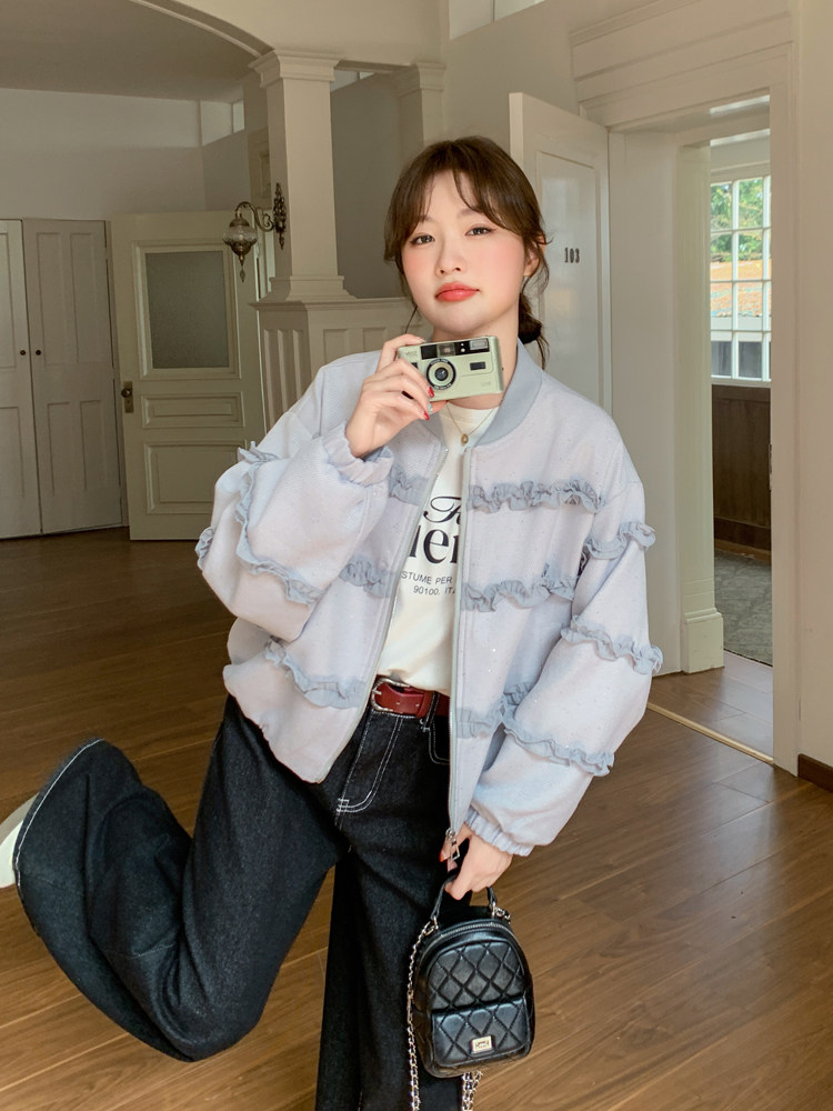 设计感花边棒球服外套女2025春季新款洋气减龄宽松小个子短款上衣,女装短外套,浙宝103（原192）