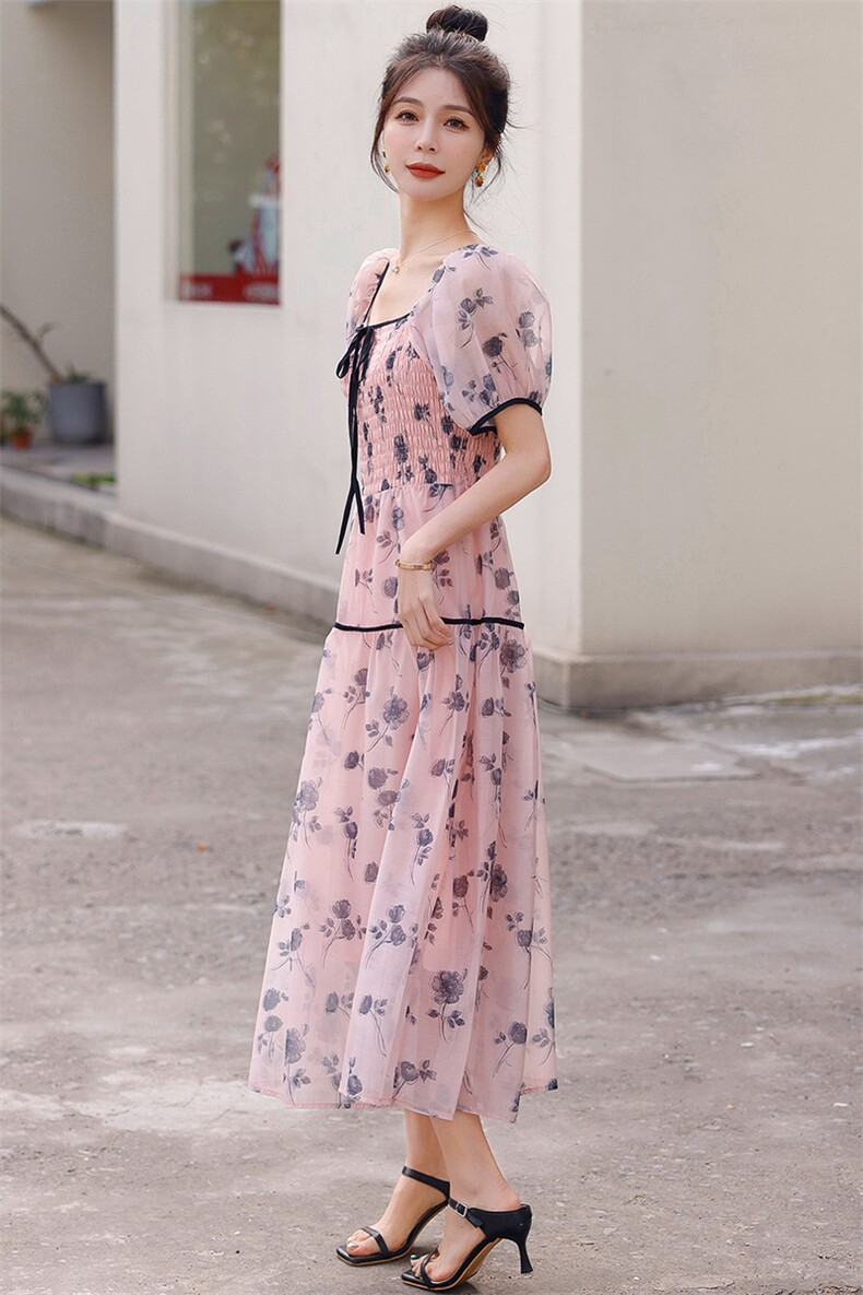 优雅蝴蝶结U型领泡泡短袖优雅印花女装长款修身甜美连衣裙,女装连衣裙,微微衣阁